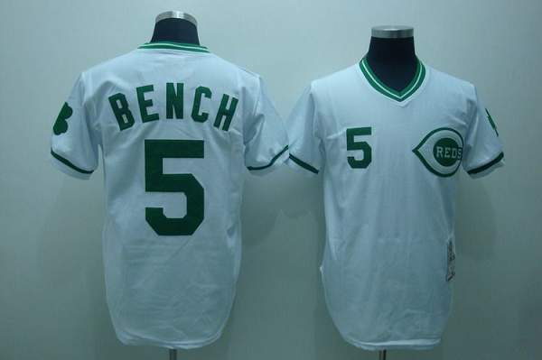 Mitchell and Ness Reds #5 Johnny Bench Stitched White Green Patch Throwback MLB Jersey - Click Image to Close
